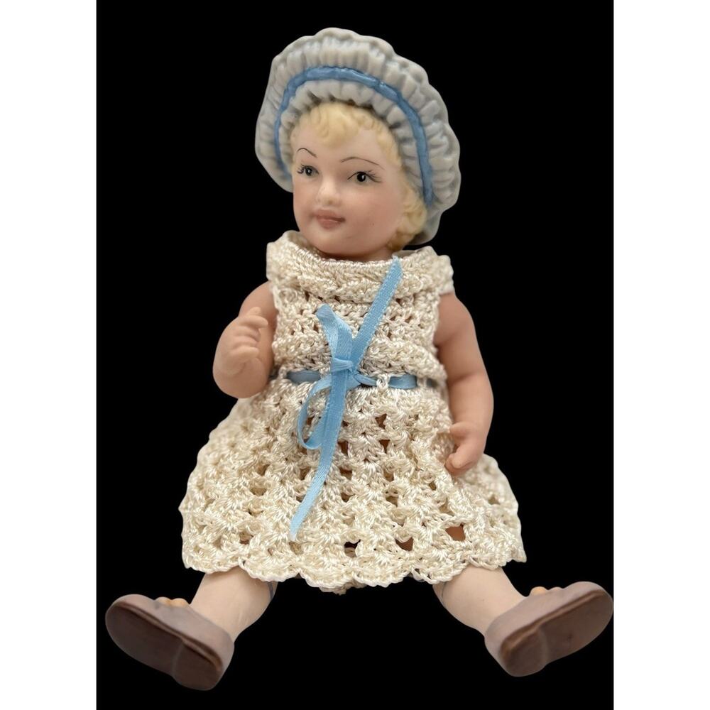 Vintage All Bisque Doll Bonnet Head Crochet Dress 6.5" Jointed Heart on Bottom